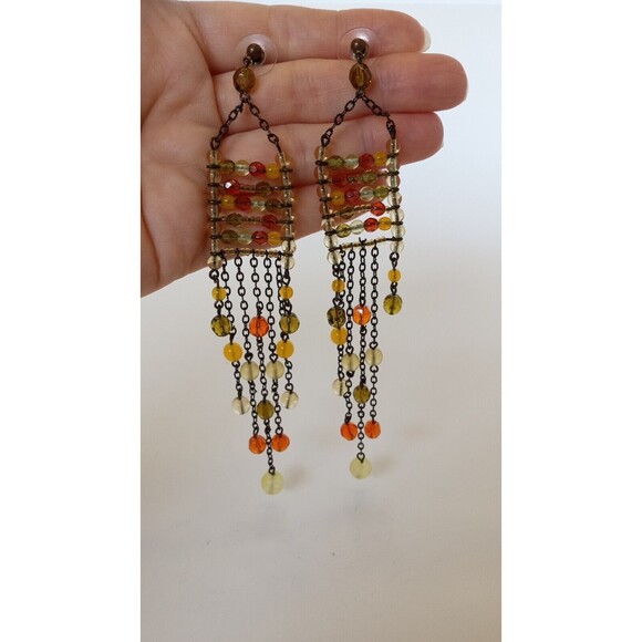 Green & Orange Glass Boho Chandelier Earrings 6 inch Shoulder Sweepers - Picture 8 of 9